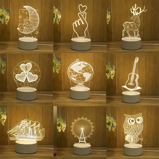 3D Carved Inside Crystal Star Galaxy Table Lamp Wood Base Gift Room Decoration Night LED Light