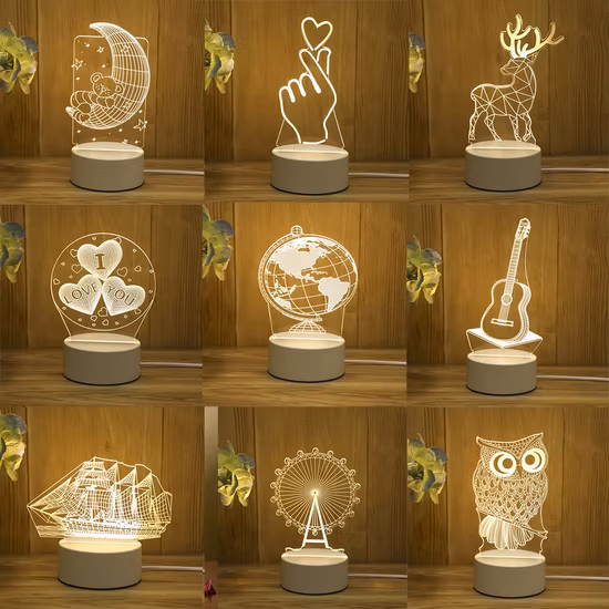 3D Carved Inside Crystal Star Galaxy Table Lamp Wood Base Gift Room Decoration Night LED Light